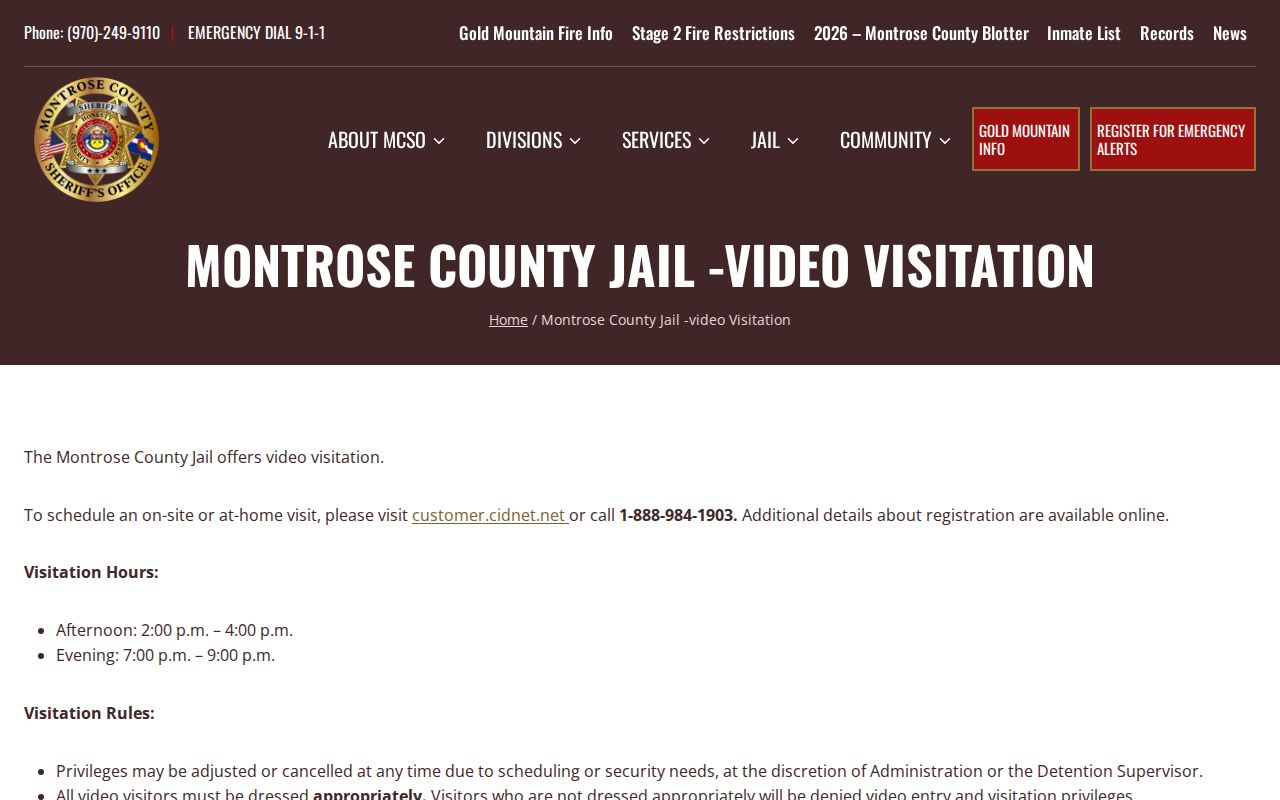 Montrose County jail visitation information related to arrest custody
