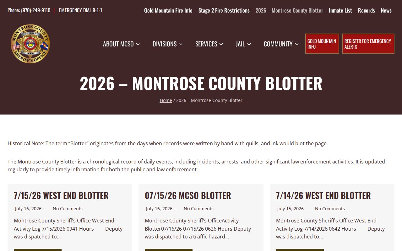 Montrose County arrest records daily sheriff blotter archive