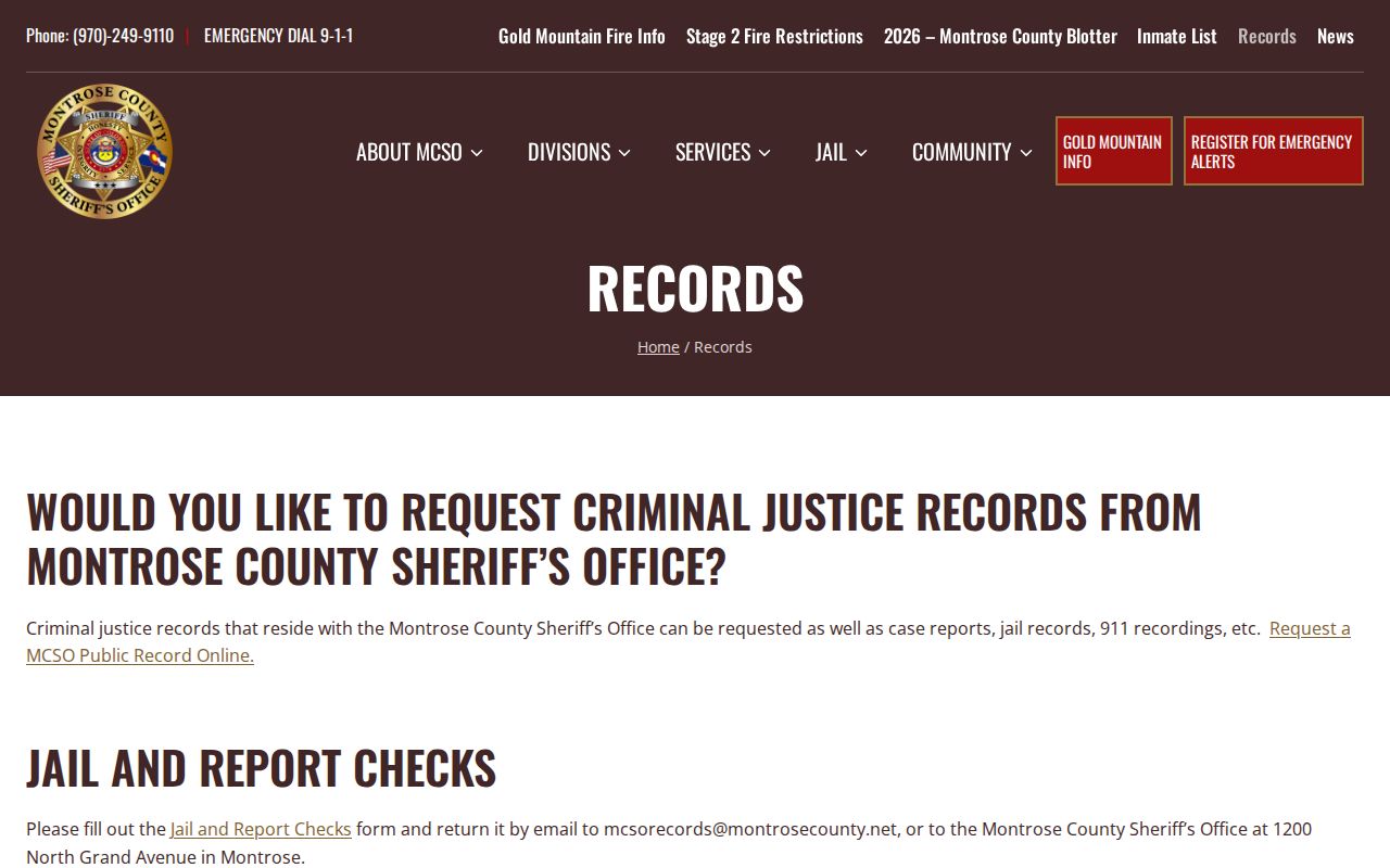 Montrose County arrest records Sheriff records request page