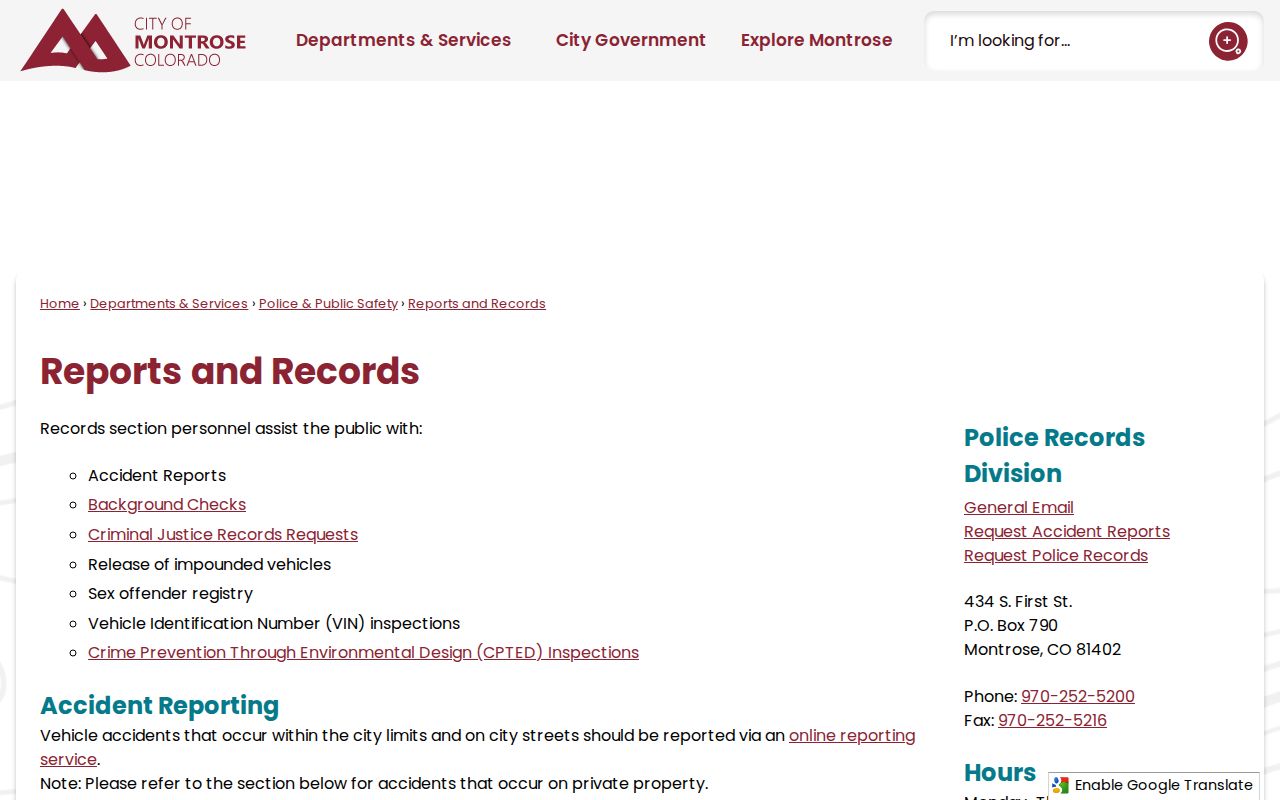 Montrose Police reports and records access page