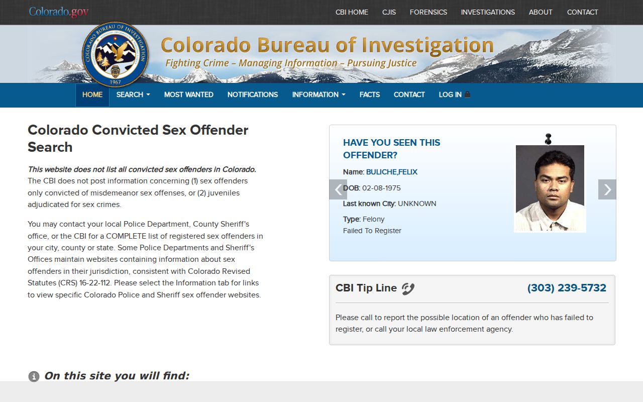 Colorado Sex Offender Registry search controls